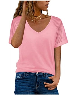 WEESO Casual V Neck T Shirts for Women Mesh Short Sleeve Dressy Tops