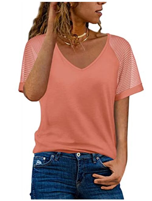 WEESO Casual V Neck T Shirts for Women Mesh Short Sleeve Dressy Tops