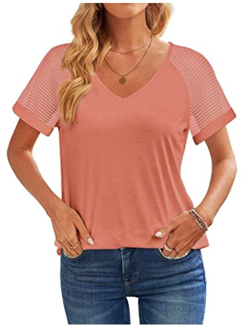 WEESO Casual V Neck T Shirts for Women Mesh Short Sleeve Dressy Tops