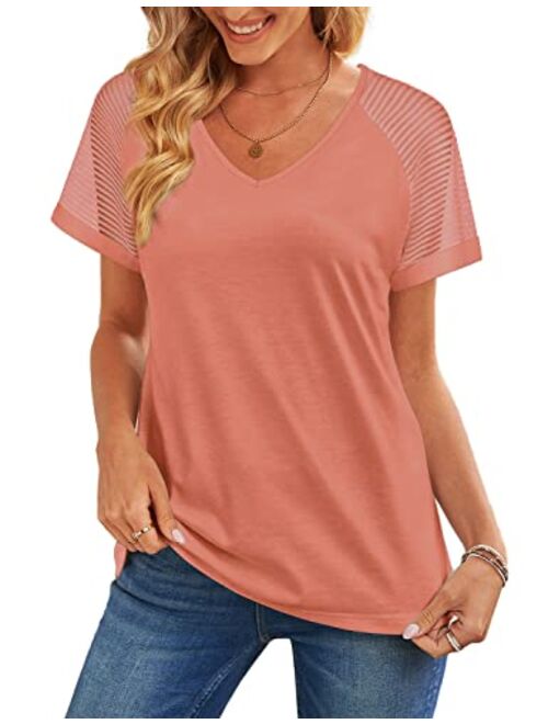 WEESO Casual V Neck T Shirts for Women Mesh Short Sleeve Dressy Tops