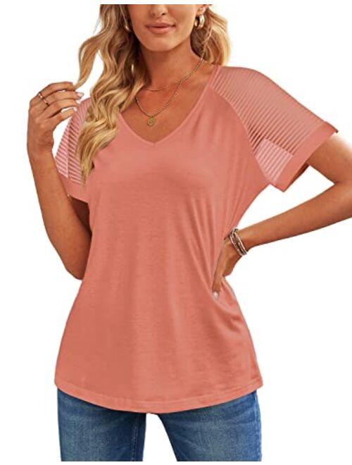 WEESO Casual V Neck T Shirts for Women Mesh Short Sleeve Dressy Tops