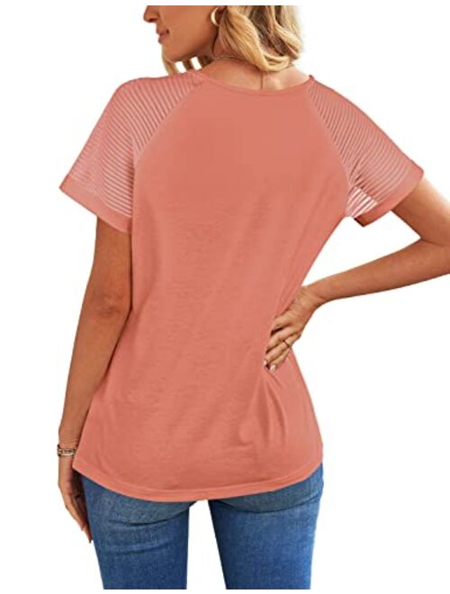 WEESO Casual V Neck T Shirts for Women Mesh Short Sleeve Dressy Tops