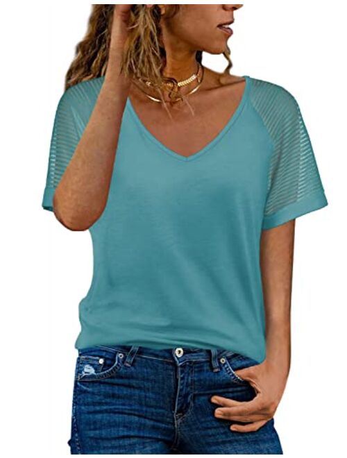 WEESO Casual V Neck T Shirts for Women Mesh Short Sleeve Dressy Tops