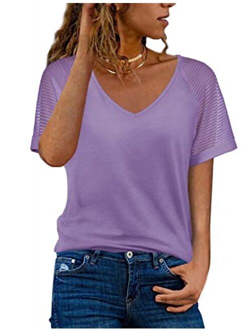 WEESO Casual V Neck T Shirts for Women Mesh Short Sleeve Dressy Tops