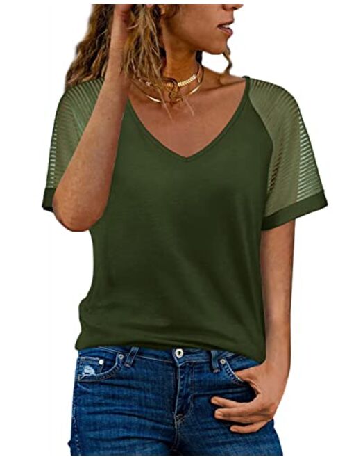 WEESO Casual V Neck T Shirts for Women Mesh Short Sleeve Dressy Tops