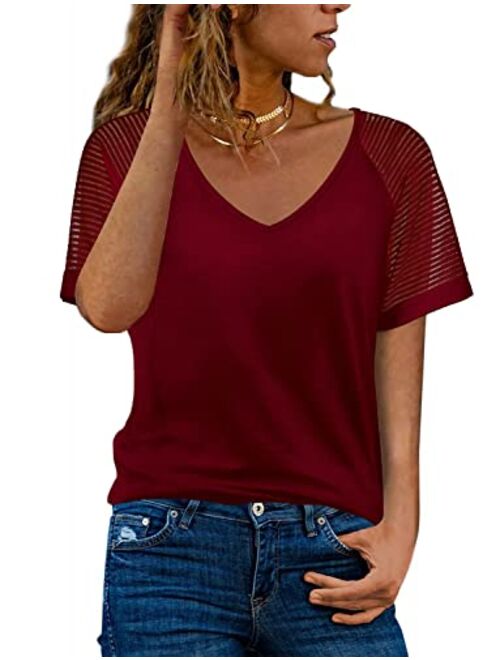 WEESO Casual V Neck T Shirts for Women Mesh Short Sleeve Dressy Tops