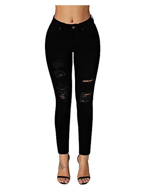 roswear Women's Essentials Ripped Mid Rise Destroyed Skinny Jeans