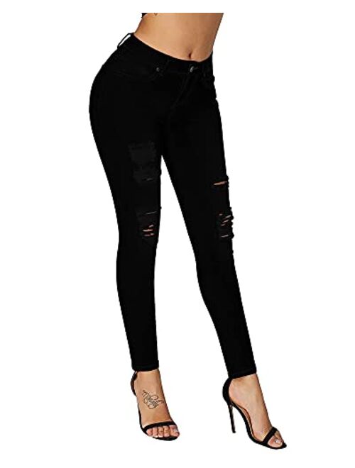 roswear Women's Essentials Ripped Mid Rise Destroyed Skinny Jeans