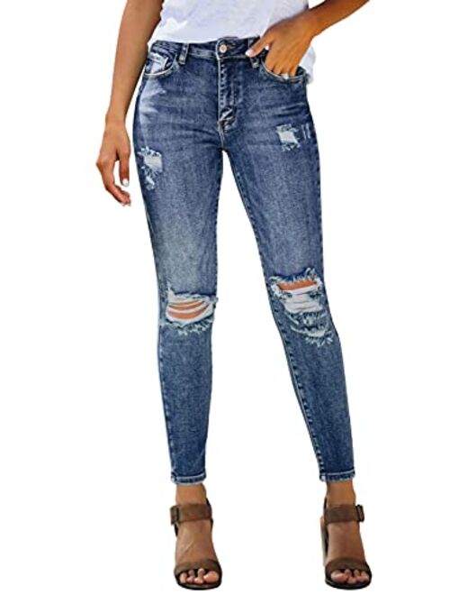 roswear Women's Essentials Ripped Mid Rise Destroyed Skinny Jeans