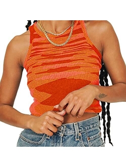 Artfish Women Casual Basic Sleeveless High Neck Rib-Knit Y2k Crop Tank Top