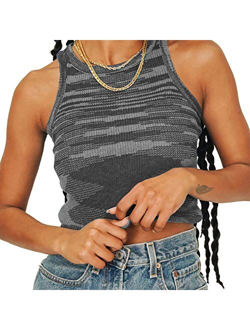 Artfish Women Casual Basic Sleeveless High Neck Rib-Knit Y2k Crop Tank Top