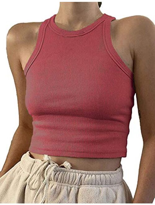 Artfish Women Casual Basic Sleeveless High Neck Rib-Knit Y2k Crop Tank Top