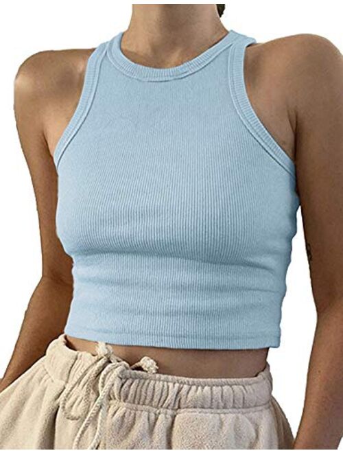 Artfish Women Casual Basic Sleeveless High Neck Rib-Knit Y2k Crop Tank Top