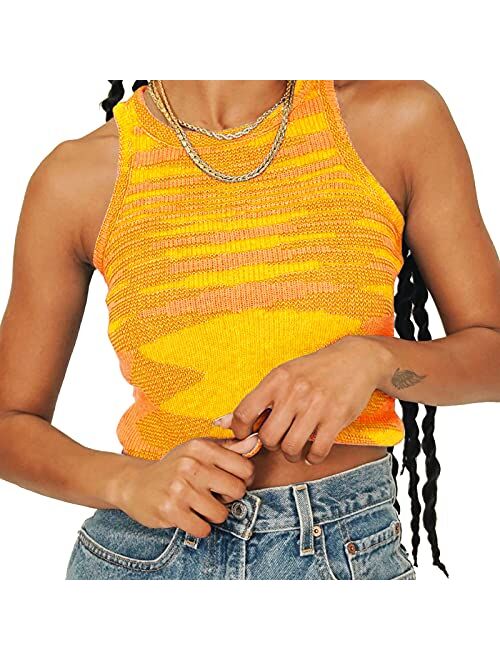 Artfish Women Casual Basic Sleeveless High Neck Rib-Knit Y2k Crop Tank Top