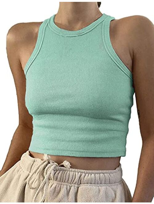 Artfish Women Casual Basic Sleeveless High Neck Rib-Knit Y2k Crop Tank Top