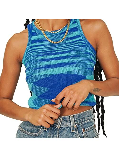 Artfish Women Casual Basic Sleeveless High Neck Rib-Knit Y2k Crop Tank Top