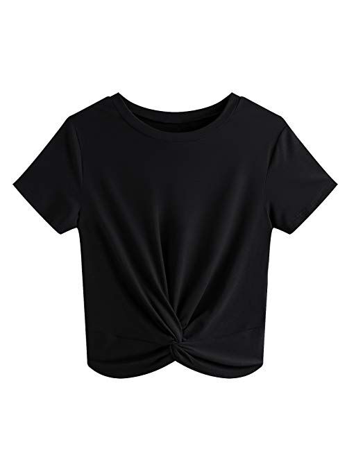 JINKESI Women's Summer Causal Short Sleeve Blouse Round Neck Crop Tops Twist Front Tee T-Shirt