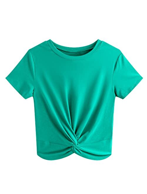 JINKESI Women's Summer Causal Short Sleeve Blouse Round Neck Crop Tops Twist Front Tee T-Shirt