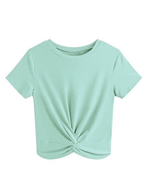 JINKESI Women's Summer Causal Short Sleeve Blouse Round Neck Crop Tops Twist Front Tee T-Shirt