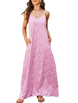 Supnier Women's Summer Casual Floral Printed Bohemian Spaghetti Strap Floral Long Maxi Dress with Pockets