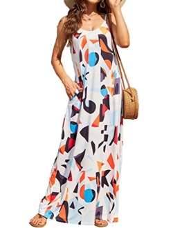 Supnier Women's Summer Casual Floral Printed Bohemian Spaghetti Strap Floral Long Maxi Dress with Pockets