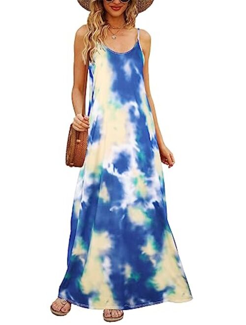 Supnier Women's Summer Casual Floral Printed Bohemian Spaghetti Strap Floral Long Maxi Dress with Pockets