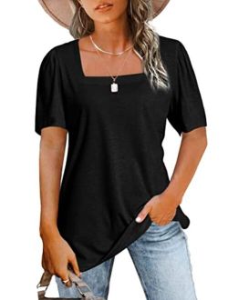 Jomedesign Womens Tops Casual Short Sleeve Square Neck Shirts Puff Sleeve Tshirts Loose Casual Blouse Summer Tee