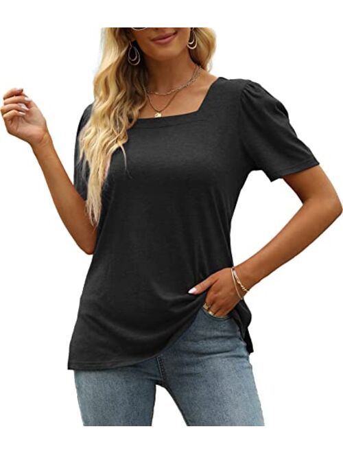 Jomedesign Womens Tops Casual Short Sleeve Square Neck Shirts Puff Sleeve Tshirts Loose Casual Blouse Summer Tee