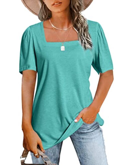 Jomedesign Womens Tops Casual Short Sleeve Square Neck Shirts Puff Sleeve Tshirts Loose Casual Blouse Summer Tee