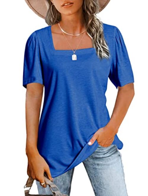 Jomedesign Womens Tops Casual Short Sleeve Square Neck Shirts Puff Sleeve Tshirts Loose Casual Blouse Summer Tee