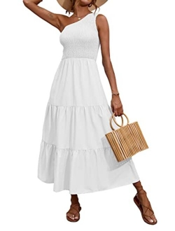 BTFBM Women One Shoulder Sleeveless Casual Summer Dresses Smocked High Waist Floral Print Boho Pleated Swing Maxi Long Dress