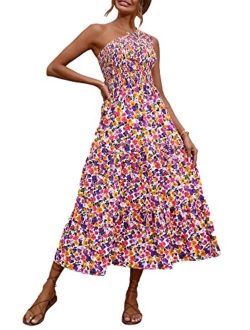 BTFBM Women One Shoulder Sleeveless Casual Summer Dresses Smocked High Waist Floral Print Boho Pleated Swing Maxi Long Dress