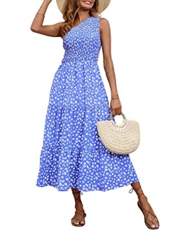 BTFBM Women One Shoulder Sleeveless Casual Summer Dresses Smocked High Waist Floral Print Boho Pleated Swing Maxi Long Dress