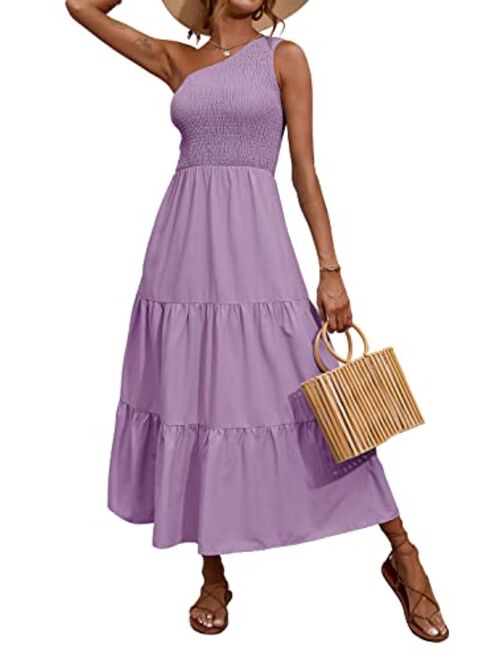 BTFBM Women One Shoulder Sleeveless Casual Summer Dresses Smocked High Waist Floral Print Boho Pleated Swing Maxi Long Dress