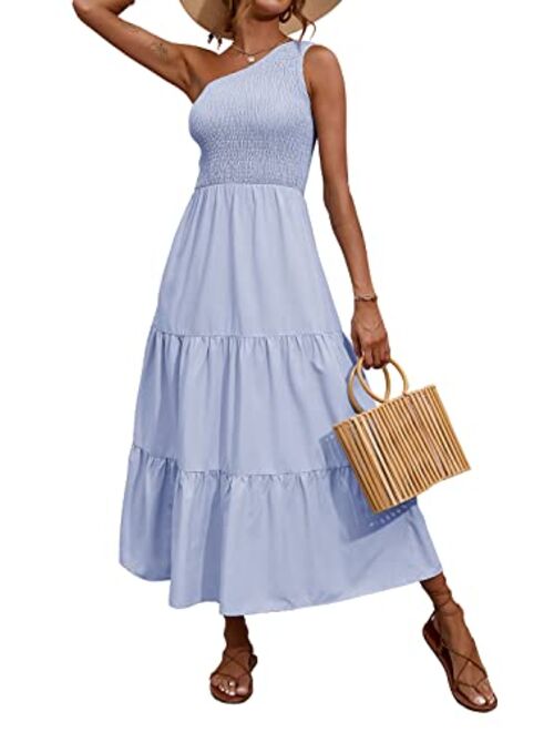 BTFBM Women One Shoulder Sleeveless Casual Summer Dresses Smocked High Waist Floral Print Boho Pleated Swing Maxi Long Dress