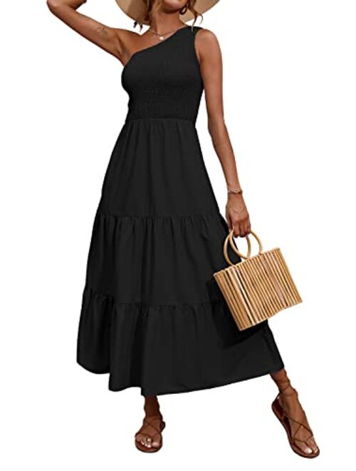 BTFBM Women One Shoulder Sleeveless Casual Summer Dresses Smocked High Waist Floral Print Boho Pleated Swing Maxi Long Dress