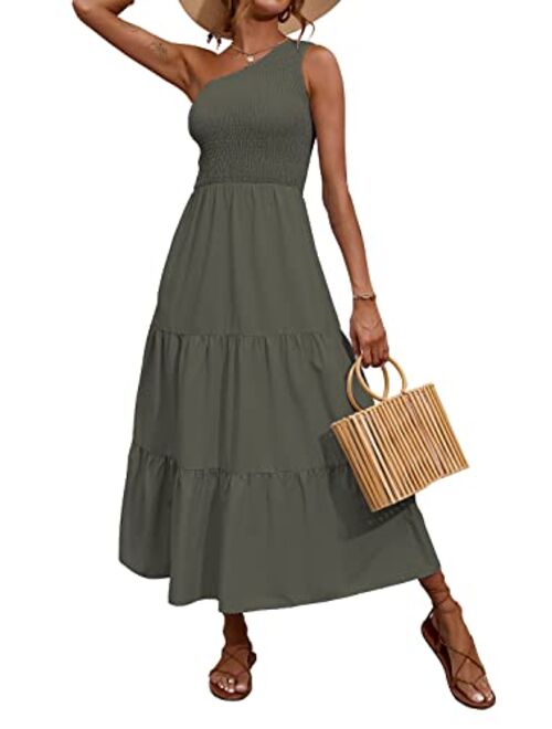 BTFBM Women One Shoulder Sleeveless Casual Summer Dresses Smocked High Waist Floral Print Boho Pleated Swing Maxi Long Dress