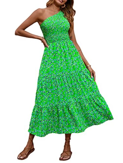 BTFBM Women One Shoulder Sleeveless Casual Summer Dresses Smocked High Waist Floral Print Boho Pleated Swing Maxi Long Dress