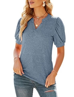 ELFSHE Women's Summer V Neck Puff Short Sleeve T Shirts Solid Loose Fit Tunic Tops