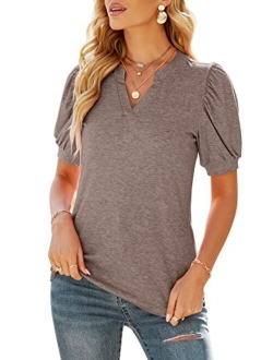 ELFSHE Women's Summer V Neck Puff Short Sleeve T Shirts Solid Loose Fit Tunic Tops