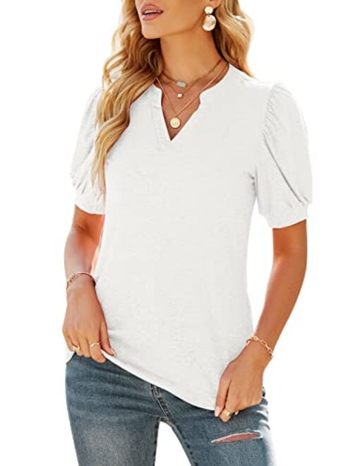 ELFSHE Women's Summer V Neck Puff Short Sleeve T Shirts Solid Loose Fit Tunic Tops