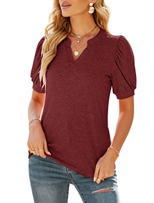 ELFSHE Women's Summer V Neck Puff Short Sleeve T Shirts Solid Loose Fit Tunic Tops