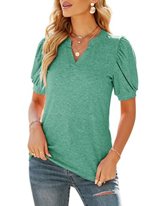 ELFSHE Women's Summer V Neck Puff Short Sleeve T Shirts Solid Loose Fit Tunic Tops