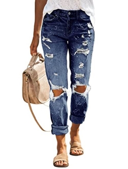 HETIPR Women's Ripped Boyfriend Jeans Mid Rise Loose Fit Distressed Stretchy Denim Pants