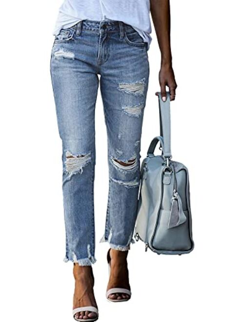 HETIPR Women's Ripped Boyfriend Jeans Mid Rise Loose Fit Distressed Stretchy Denim Pants