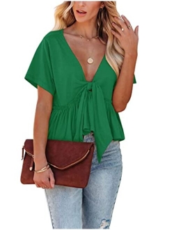 Fanway&EC Women's Short Sleeve V Neck Blouses Ruffle Hem Tie Front Crop Tops Lightweight Basic Summer Tops