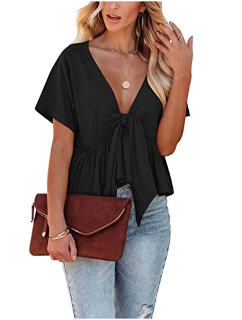 Fanway&EC Women's Short Sleeve V Neck Blouses Ruffle Hem Tie Front Crop Tops Lightweight Basic Summer Tops