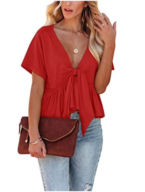 Fanway&EC Women's Short Sleeve V Neck Blouses Ruffle Hem Tie Front Crop Tops Lightweight Basic Summer Tops