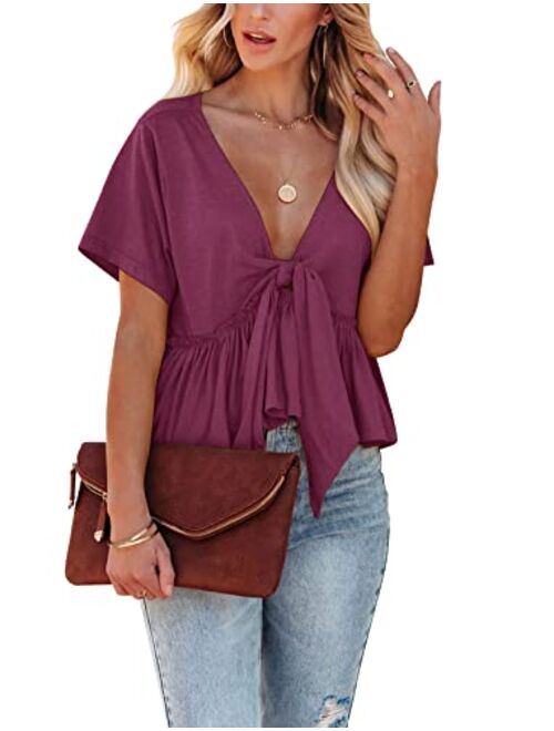 Fanway&EC Women's Short Sleeve V Neck Blouses Ruffle Hem Tie Front Crop Tops Lightweight Basic Summer Tops