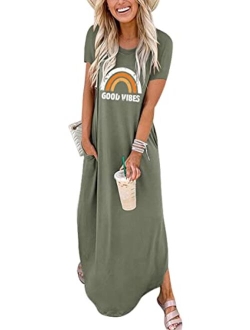 Women's Casual Loose Short Sleeve Long Dress Split Maxi Summer Beach Dress with Pockets